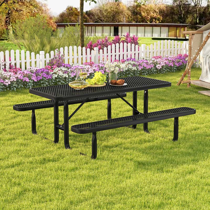 8-Person Mesh Picnic Table Bench Set with Thermoplastic Coated Steel, 72" Heavy Duty Patio Dining Table for Cafe Restaurant Bar