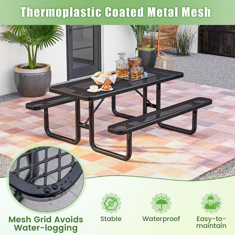 8-Person Mesh Picnic Table Bench Set with Thermoplastic Coated Steel, 72" Heavy Duty Patio Dining Table for Cafe Restaurant Bar