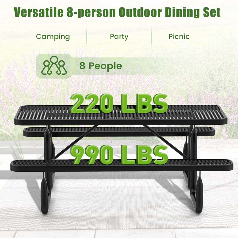 8-Person Mesh Picnic Table Bench Set with Thermoplastic Coated Steel, 72" Heavy Duty Patio Dining Table for Cafe Restaurant Bar