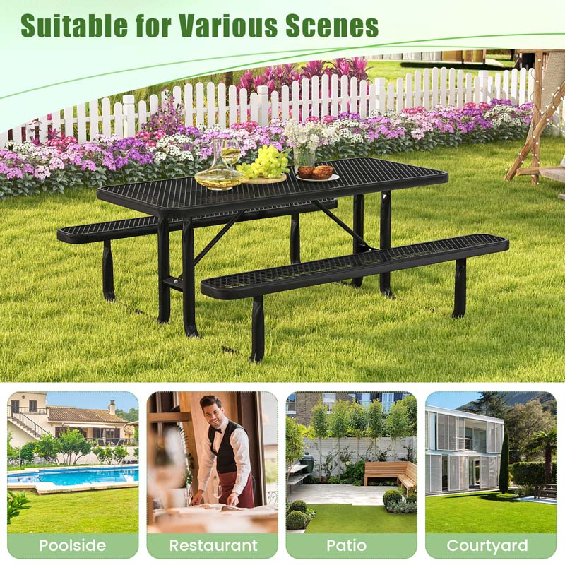 8-Person Mesh Picnic Table Bench Set with Thermoplastic Coated Steel, 72" Heavy Duty Patio Dining Table for Cafe Restaurant Bar