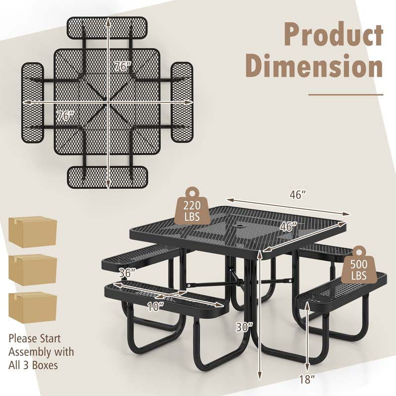 8-Person Square Mesh Picnic Table Bench Set w/Umbrella Hole, 46" Thermoplastic Coated Steel Heavy Duty Patio Dining Table for Cafe Bar Yard