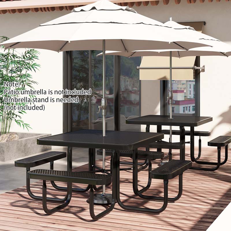 8-Person Square Mesh Picnic Table Bench Set w/Umbrella Hole, 46" Thermoplastic Coated Steel Heavy Duty Patio Dining Table for Cafe Bar Yard