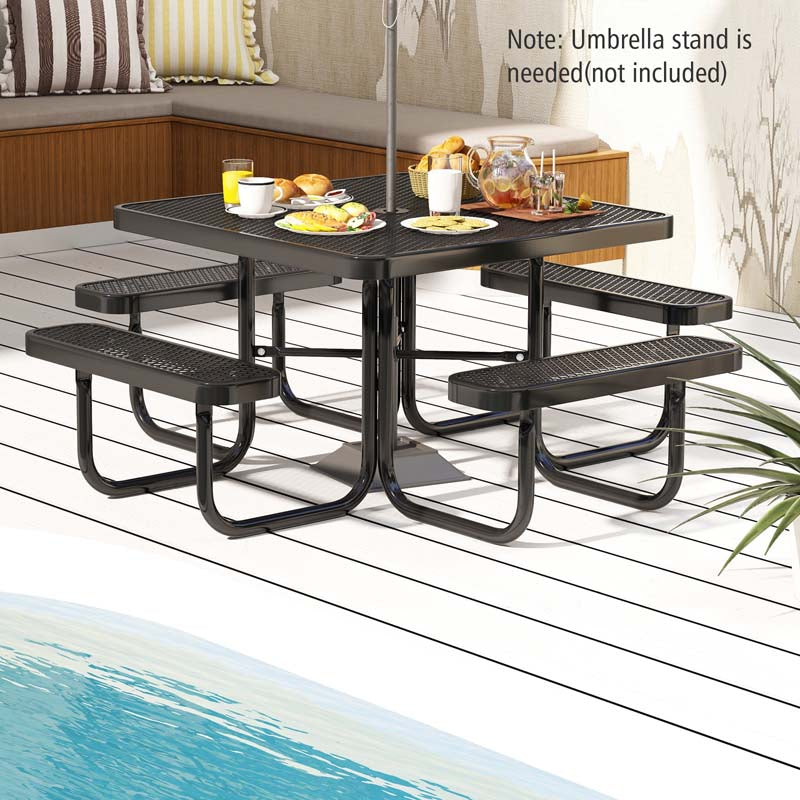 8-Person Square Mesh Picnic Table Bench Set w/Umbrella Hole, 46" Thermoplastic Coated Steel Heavy Duty Patio Dining Table for Cafe Bar Yard