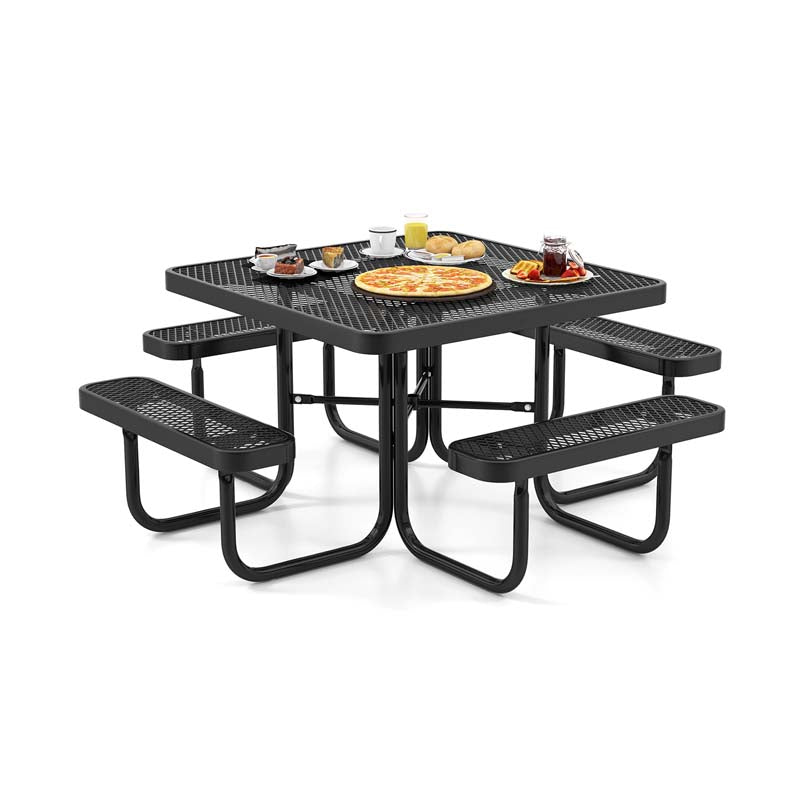 8-Person Square Mesh Picnic Table Bench Set w/Umbrella Hole, 46" Thermoplastic Coated Steel Heavy Duty Patio Dining Table for Cafe Bar Yard