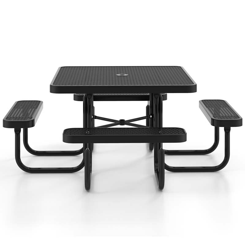 46" 8-Person Square Mesh Picnic Table Bench Set w/Umbrella Hole, Thermoplastic Coated Steel Heavy Duty Patio Dining Table for Cafe Bar Yard