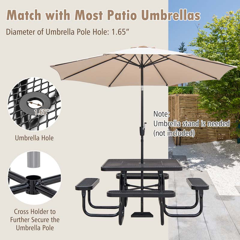 8-Person Square Mesh Picnic Table Bench Set w/Umbrella Hole, 46" Thermoplastic Coated Steel Heavy Duty Patio Dining Table for Cafe Bar Yard