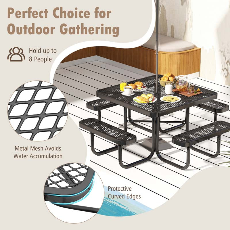 8-Person Square Mesh Picnic Table Bench Set w/Umbrella Hole, 46" Thermoplastic Coated Steel Heavy Duty Patio Dining Table for Cafe Bar Yard