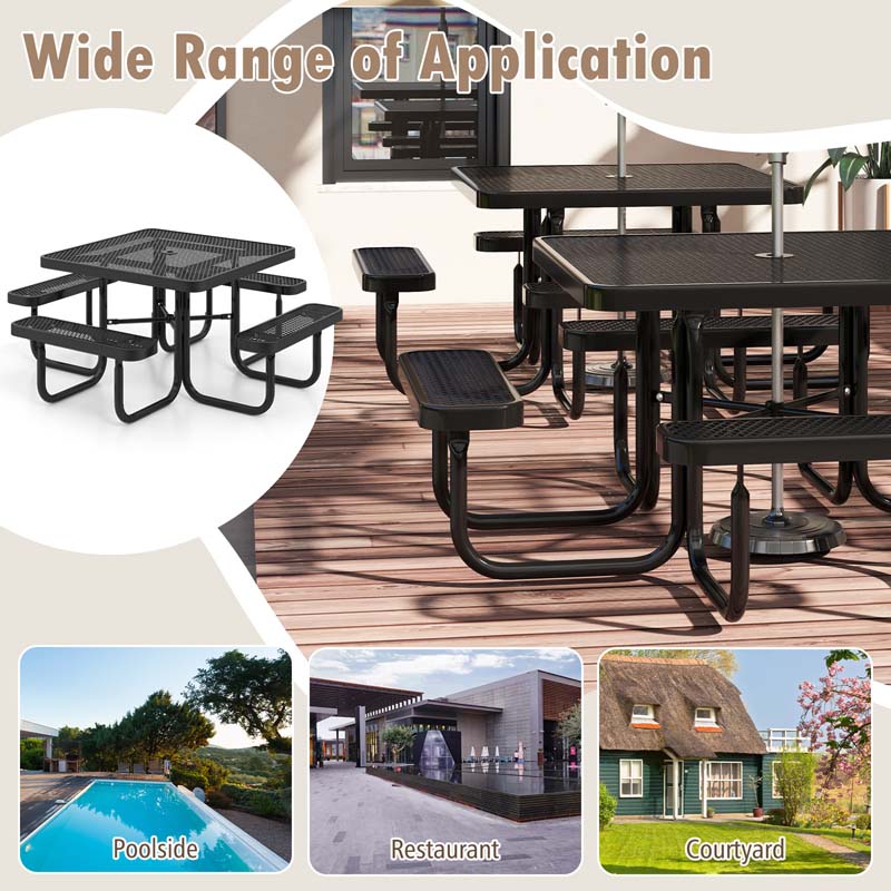 8-Person Square Mesh Picnic Table Bench Set w/Umbrella Hole, 46" Thermoplastic Coated Steel Heavy Duty Patio Dining Table for Cafe Bar Yard