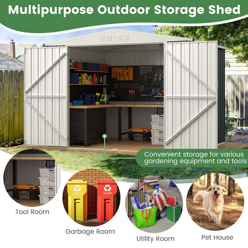 8 x 6.3 FT Outdoor Metal Storage Shed with Snap-on Structure & Lockable Door, All-Weather Galvanized Steel Bike Tool Shed for Garden, Backyard, Lawn