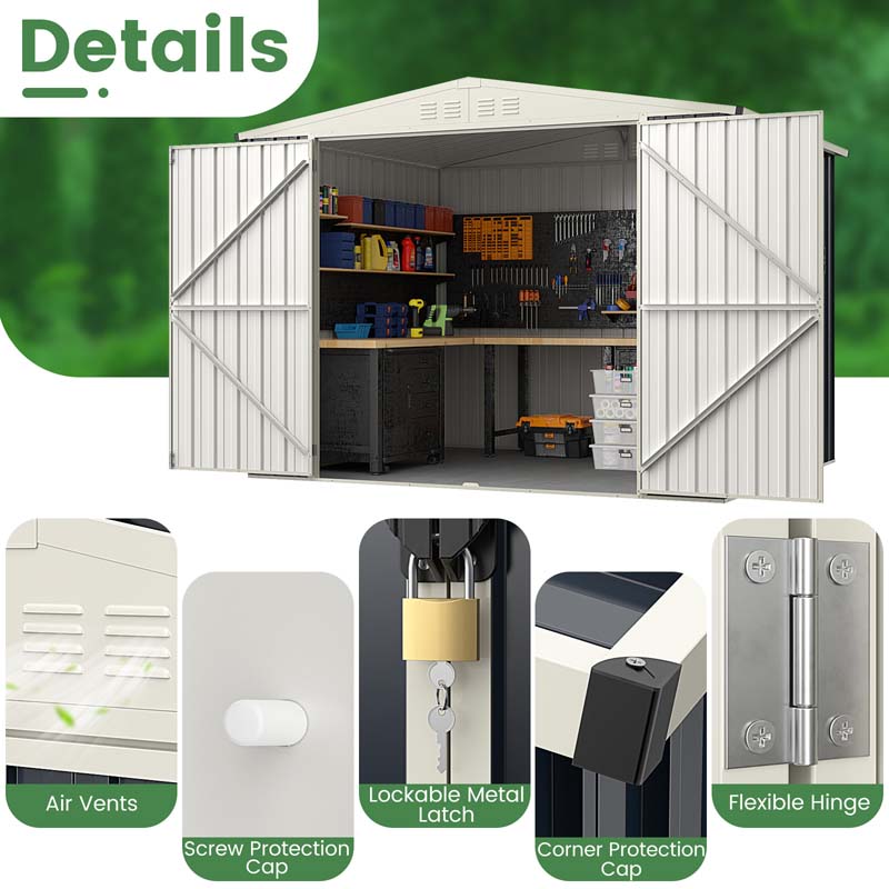 8 x 6.3 FT Outdoor Metal Storage Shed with Snap-on Structure & Lockable Door, All-Weather Galvanized Steel Bike Tool Shed for Garden, Backyard, Lawn