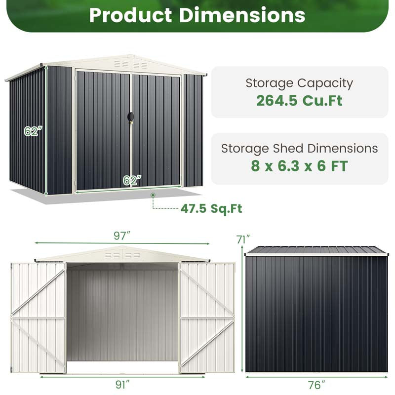 8 x 6.3 FT Outdoor Metal Storage Shed with Snap-on Structure & Lockable Door, All-Weather Galvanized Steel Bike Tool Shed for Garden, Backyard, Lawn