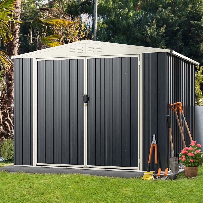 8 x 6.3 FT Outdoor Metal Storage Shed with Snap-on Structure & Lockable Door, All-Weather Galvanized Steel Bike Tool Shed for Garden, Backyard, Lawn