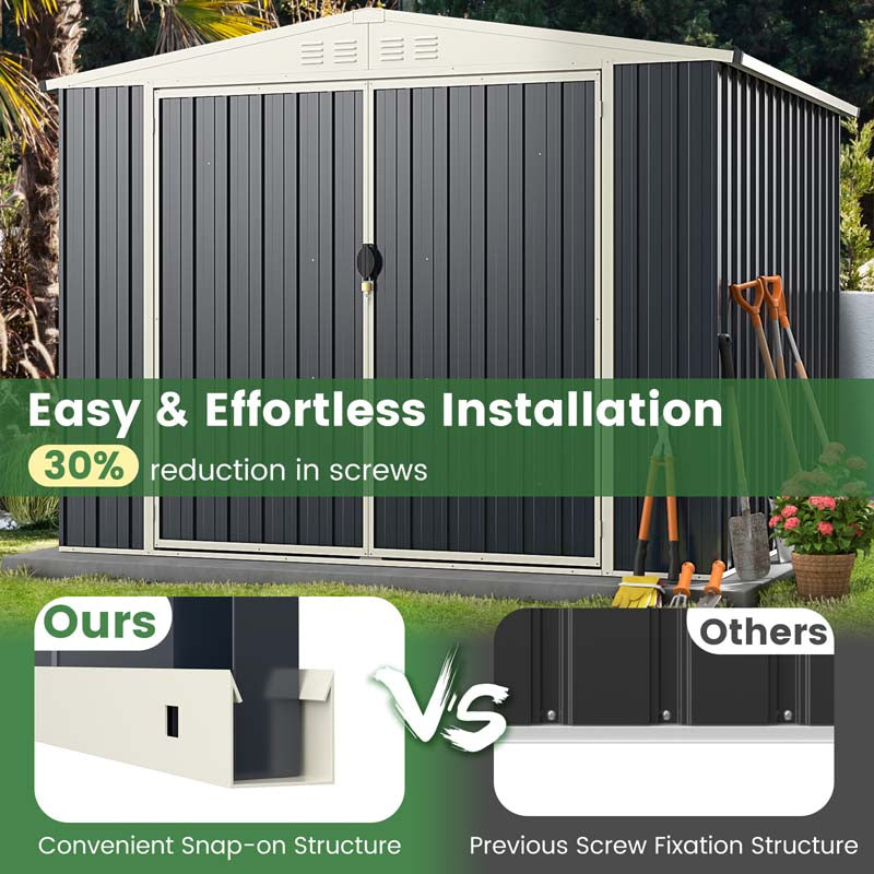 8 x 6.3 FT Outdoor Metal Storage Shed with Snap-on Structure & Lockable Door, All-Weather Galvanized Steel Bike Tool Shed for Garden, Backyard, Lawn