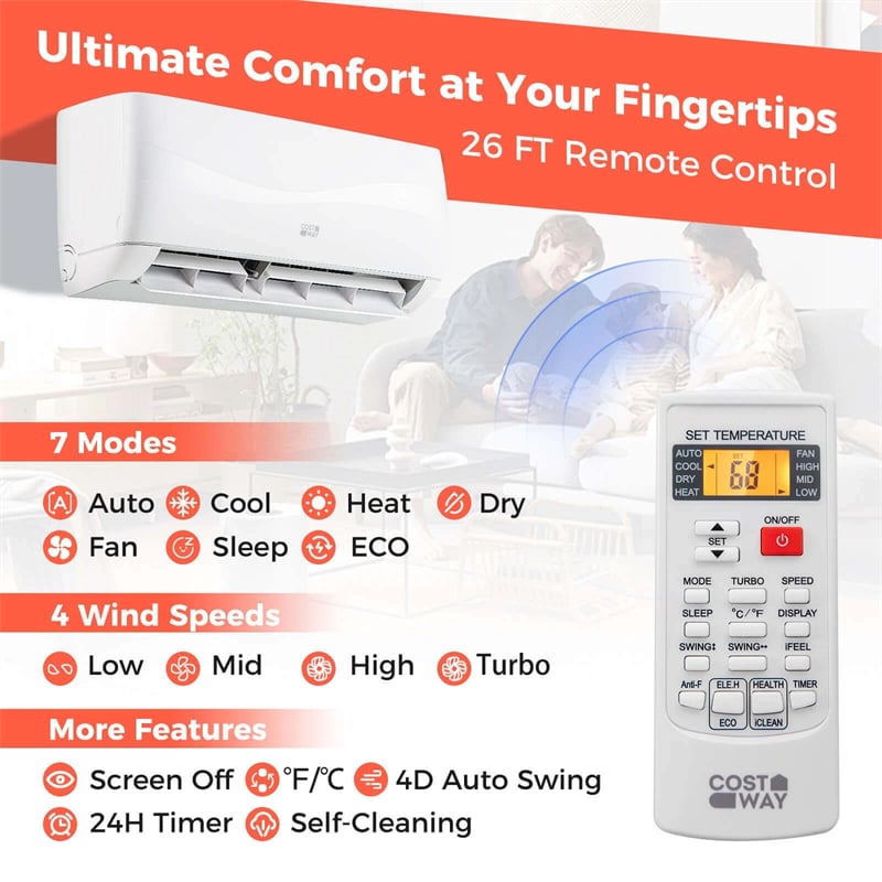 9000BTU Ductless Mini Split Air Conditioner, 19 SEER2 115V Wall-Mounted Inverter AC Unit with Heat Pump, Energy Efficient Cools Room up to 450 Sq. Ft
