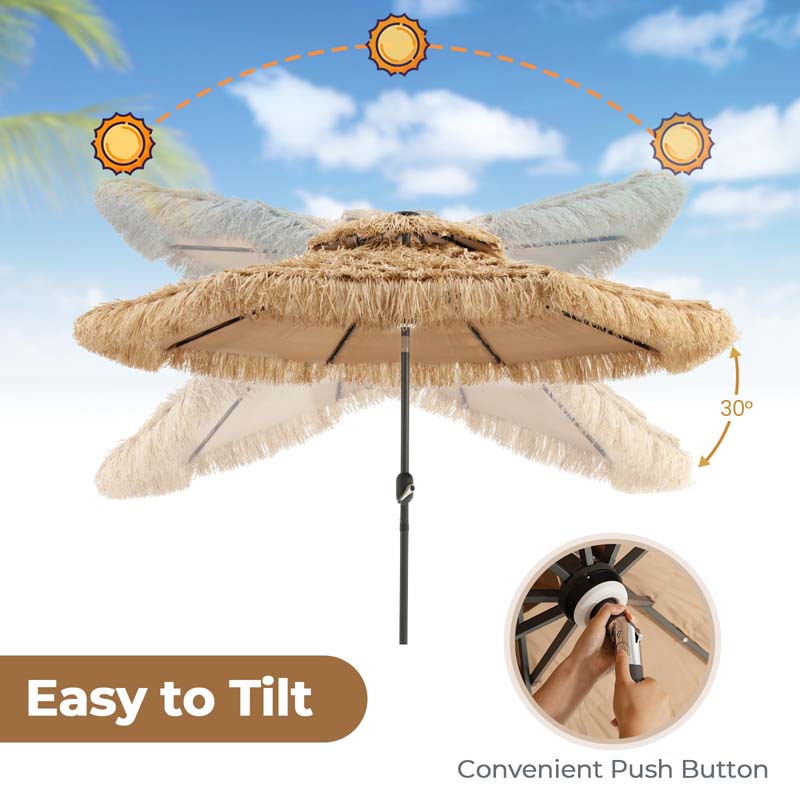 9FT Thatched Tiki Patio Umbrella with w/33 Solar LED Lights, 8 Ribs & Crank Lift, 2-Tier Hawaiian Hula Tilt Beach Umbrella for Grass Pool