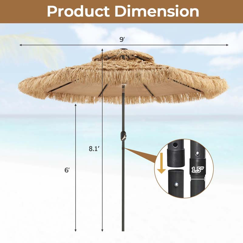 9FT Thatched Tiki Patio Umbrella with w/33 Solar LED Lights, 8 Ribs & Crank Lift, 2-Tier Hawaiian Hula Tilt Beach Umbrella for Grass Pool