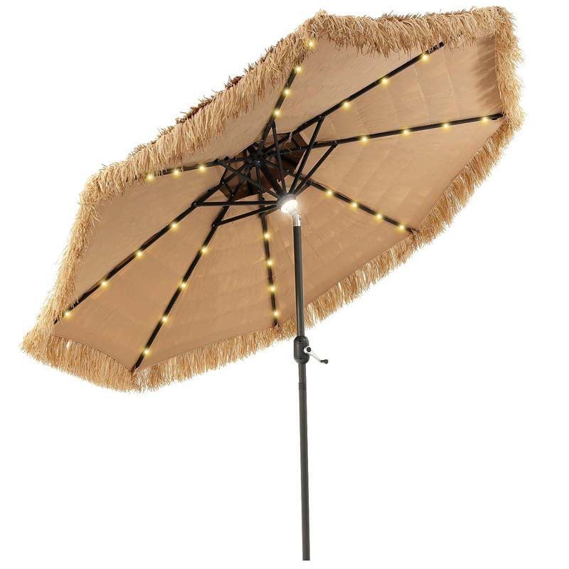 9FT Thatched Tiki Patio Umbrella with w/33 Solar LED Lights, 8 Ribs & Crank Lift, 2-Tier Hawaiian Hula Tilt Beach Umbrella for Grass Pool