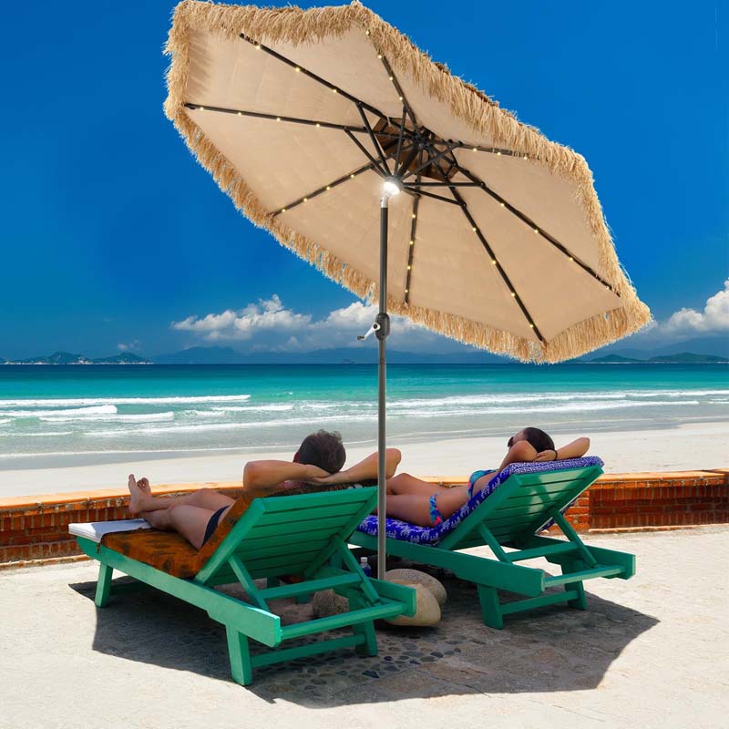 9FT Thatched Tiki Patio Umbrella with w/33 Solar LED Lights, 8 Ribs & Crank Lift, 2-Tier Hawaiian Hula Tilt Beach Umbrella for Grass Pool