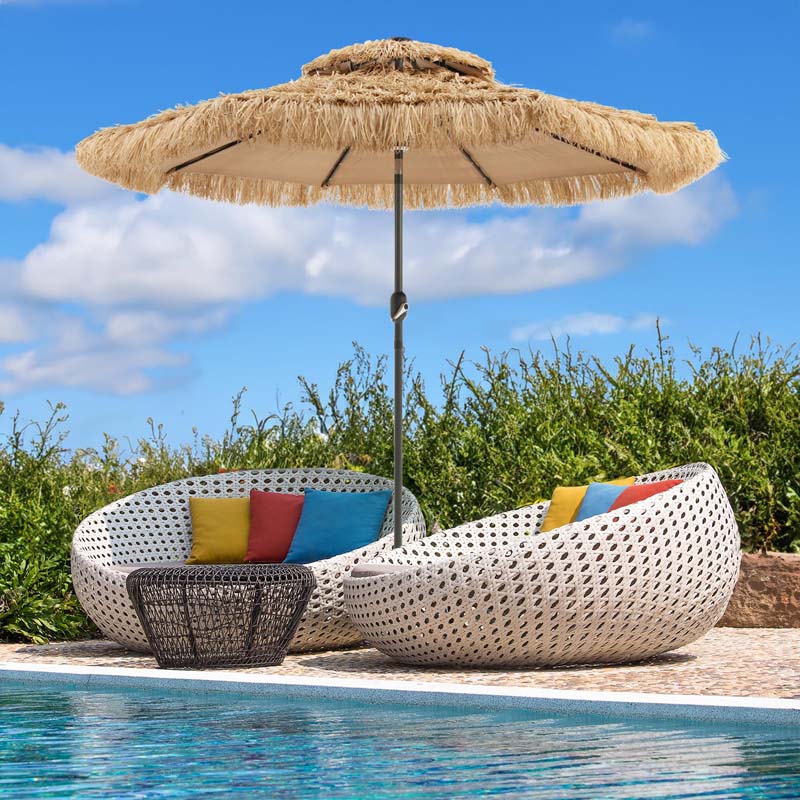 9FT Thatched Tiki Patio Umbrella with w/33 Solar LED Lights, 8 Ribs & Crank Lift, 2-Tier Hawaiian Hula Tilt Beach Umbrella for Grass Pool
