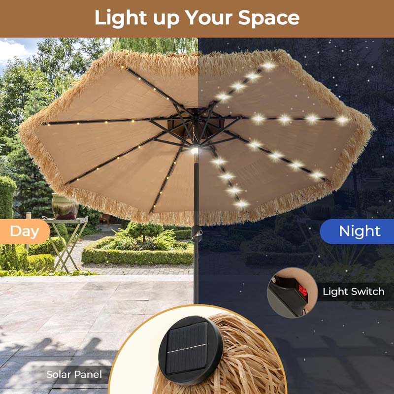 9FT Thatched Tiki Patio Umbrella with w/33 Solar LED Lights, 8 Ribs & Crank Lift, 2-Tier Hawaiian Hula Tilt Beach Umbrella for Grass Pool