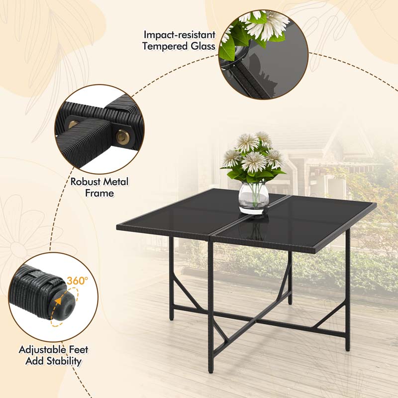 9Pcs Space-Saving Rattan Wicker Outdoor Dining Furniture Set with Tempered Glass Table and Ottomans