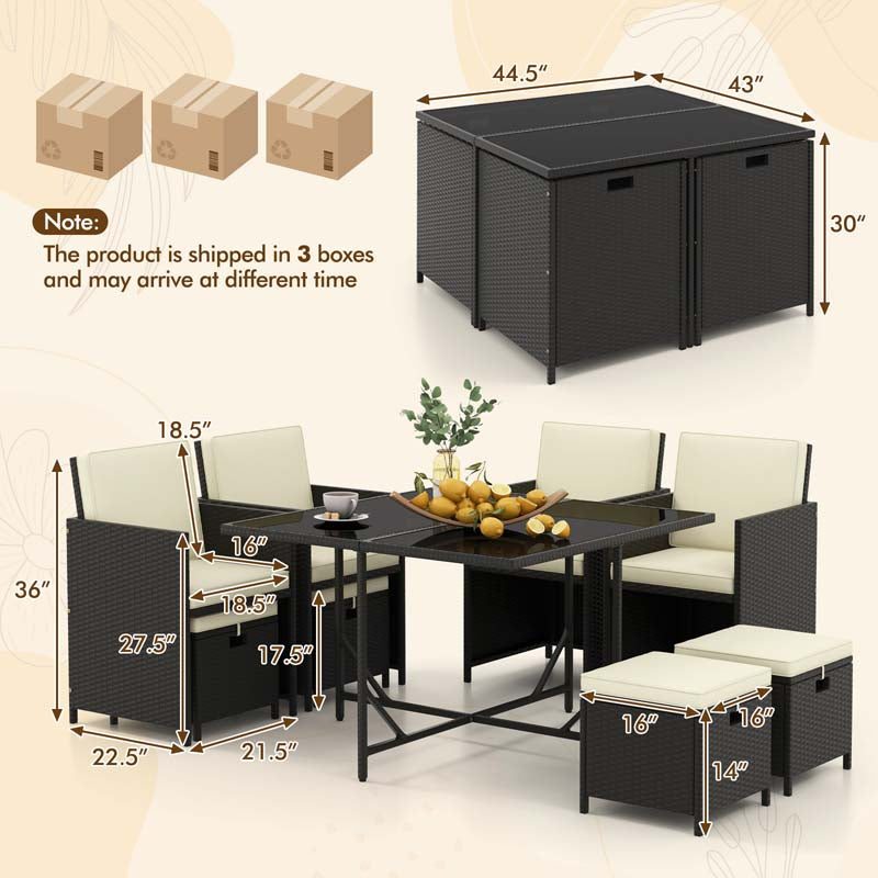 9Pcs Space-Saving Rattan Wicker Outdoor Dining Furniture Set with Tempered Glass Table and Ottomans