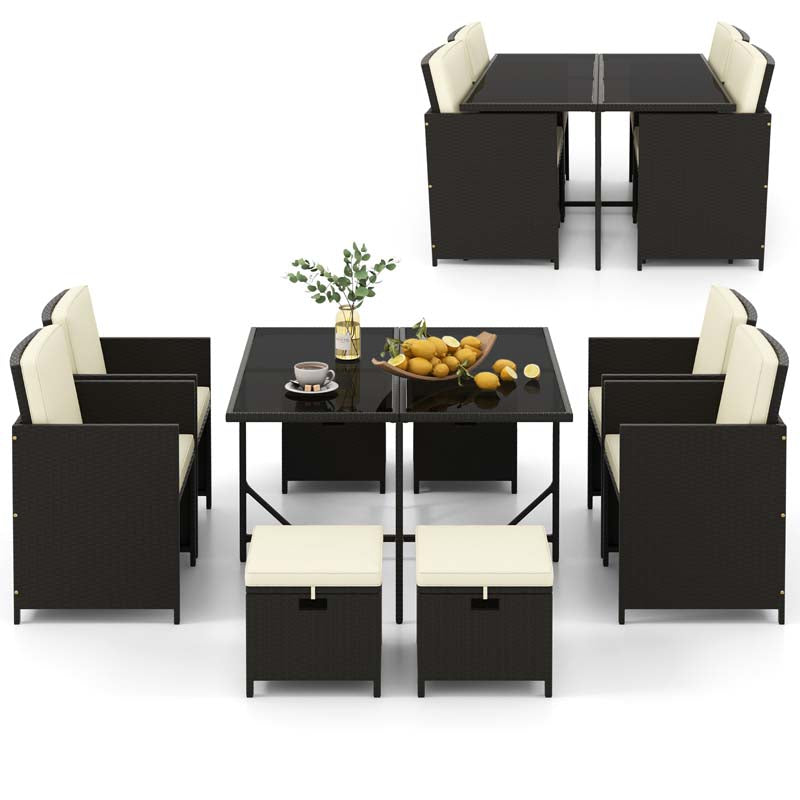 9Pcs Space-Saving Rattan Wicker Outdoor Dining Furniture Set with Tempered Glass Table and Ottomans