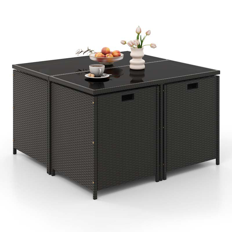 9Pcs Space-Saving Rattan Wicker Outdoor Dining Furniture Set with Tempered Glass Table and Ottomans