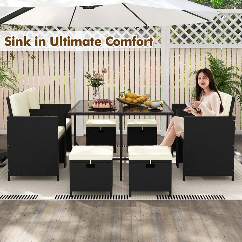 9Pcs Space-Saving Rattan Wicker Outdoor Dining Furniture Set with Tempered Glass Table and Ottomans