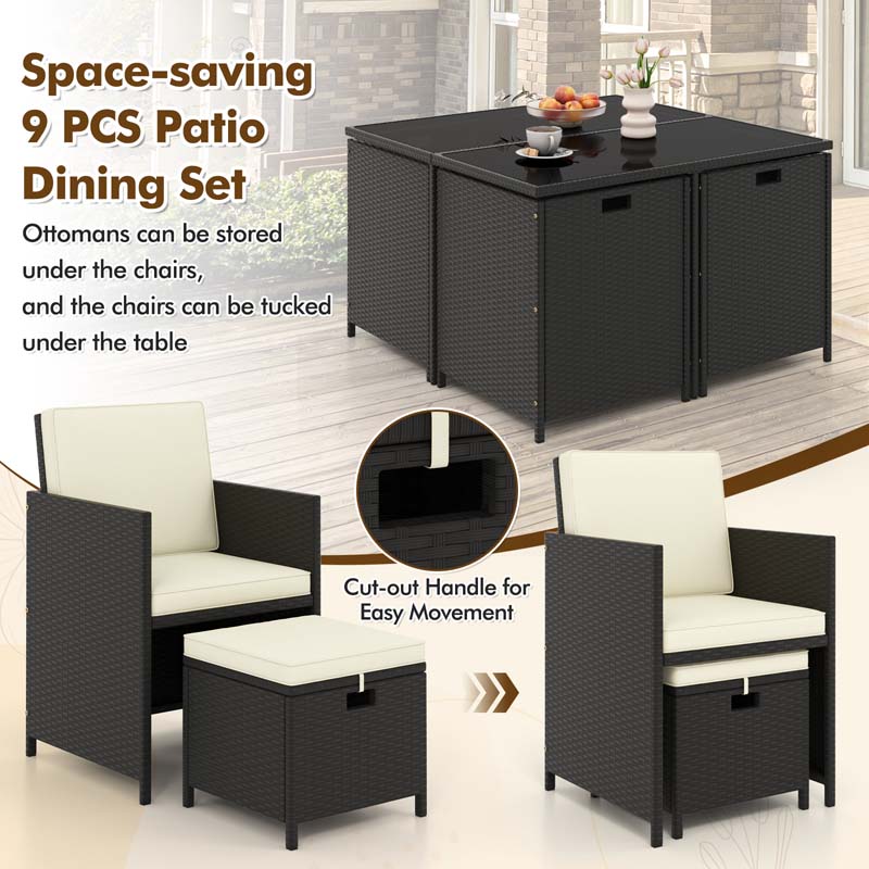 9Pcs Space-Saving Rattan Wicker Outdoor Dining Furniture Set with Tempered Glass Table and Ottomans