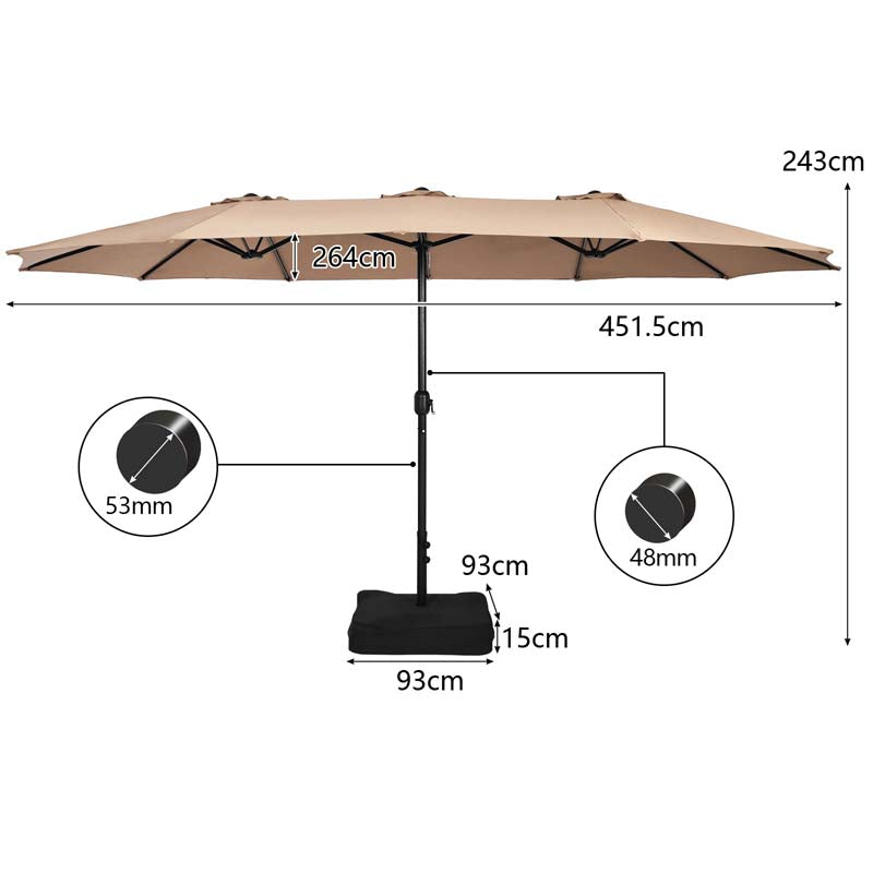 10Pcs Patio Rattan Dining Set with 15FT Double-Sided Umbrella, Heavy Duty Acacia Wood Table & Stackable Wicker Chairs