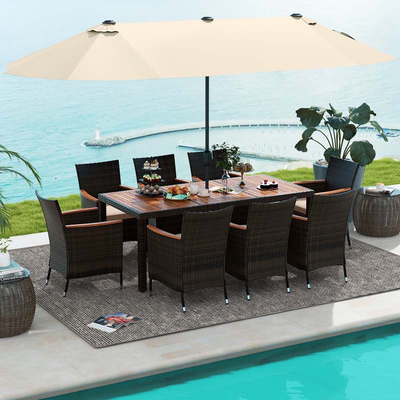 10Pcs Patio Rattan Dining Set with 15FT Double-Sided Umbrella, Heavy Duty Acacia Wood Table & Stackable Wicker Chairs