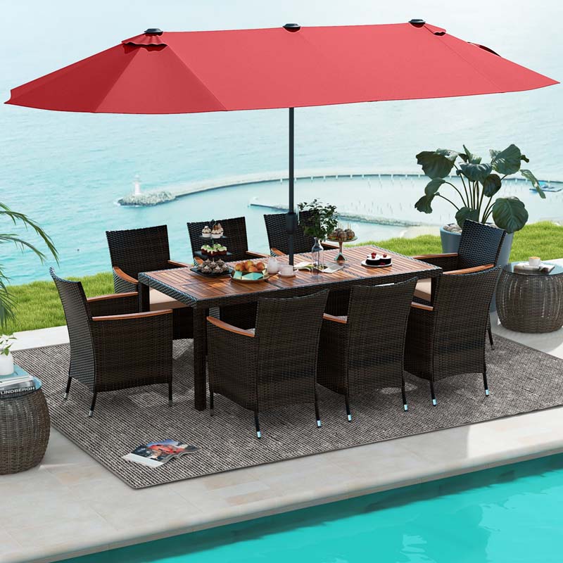 10Pcs Patio Rattan Dining Set with 15FT Double-Sided Umbrella, Heavy Duty Acacia Wood Table & Stackable Wicker Chairs