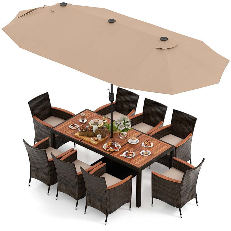 10Pcs Patio Rattan Dining Set with 15FT Double-Sided Umbrella, Heavy Duty Acacia Wood Table & Stackable Wicker Chairs