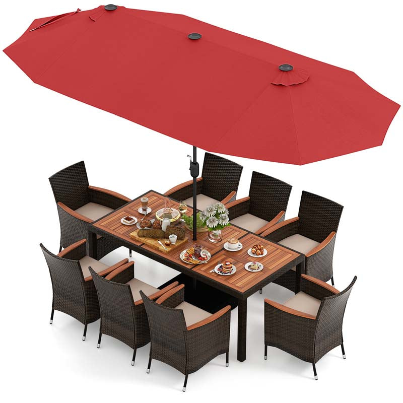 10Pcs Patio Rattan Dining Set with 15FT Double-Sided Umbrella, Heavy Duty Acacia Wood Table & Stackable Wicker Chairs