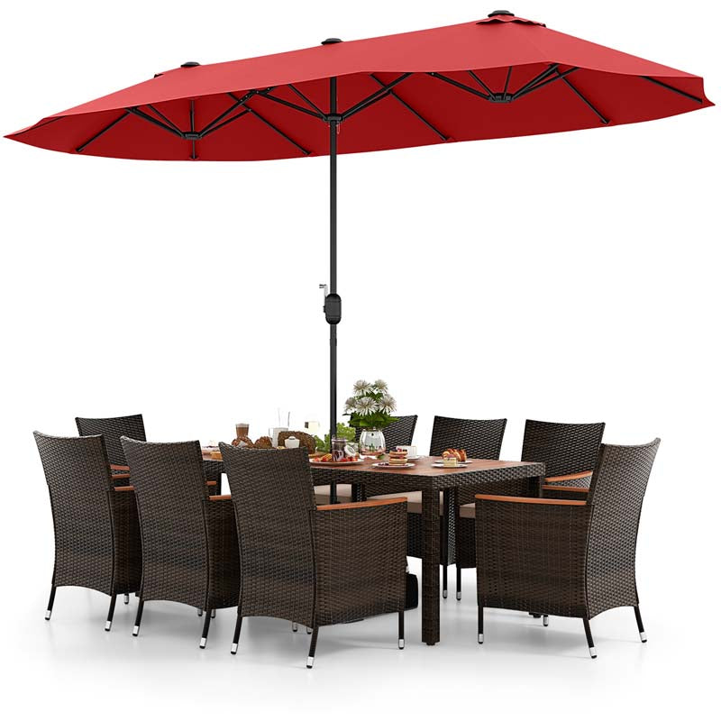 10Pcs Patio Rattan Dining Set with 15FT Double-Sided Umbrella, Heavy Duty Acacia Wood Table & Stackable Wicker Chairs