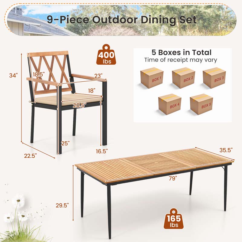 9-Piece Acacia Wood Patio Dining Furniture Set, 79" Rectangle Dining Table with 1.9" Umbrella Hole & 8 Wooden Armchairs