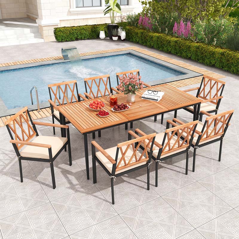 9-Piece Acacia Wood Patio Dining Furniture Set, 79" Rectangle Dining Table with 1.9" Umbrella Hole & 8 Wooden Armchairs