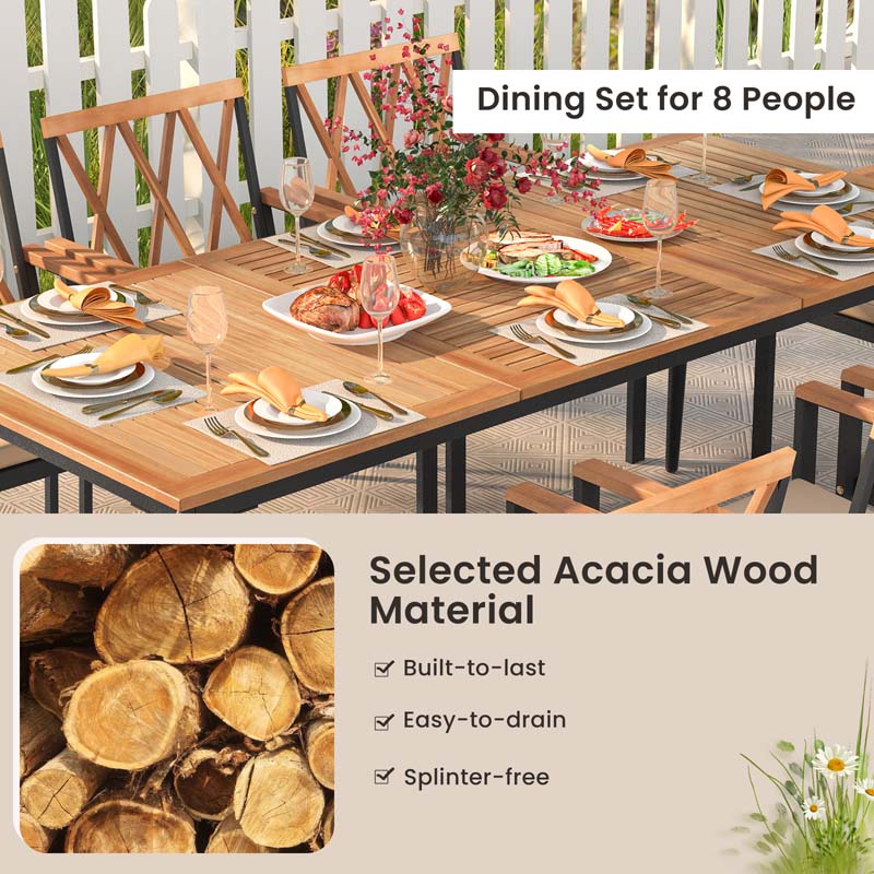 9-Piece Acacia Wood Patio Dining Furniture Set, 79" Rectangle Dining Table with 1.9" Umbrella Hole & 8 Wooden Armchairs