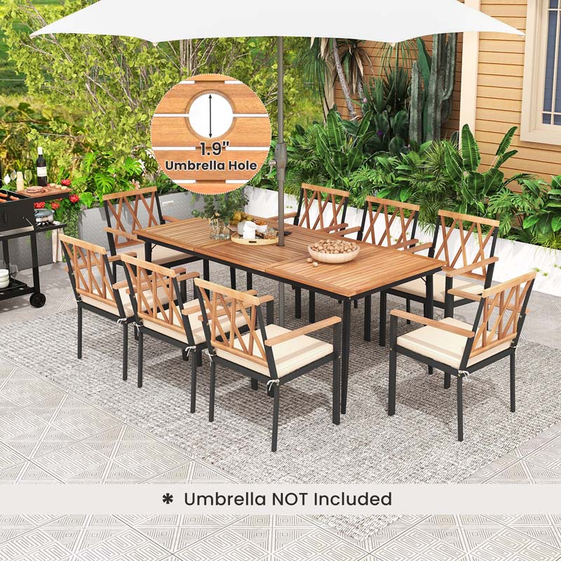 9-Piece Acacia Wood Patio Dining Furniture Set, 79" Rectangle Dining Table with 1.9" Umbrella Hole & 8 Wooden Armchairs
