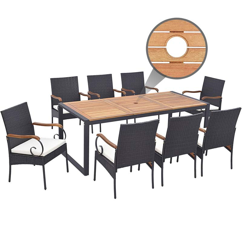 9Pcs Patio Rattan Dining Furniture Set with Acacia Wood Table, Outdoor Table Chairs Set with Cushions and 1.9" Umbrella Hole