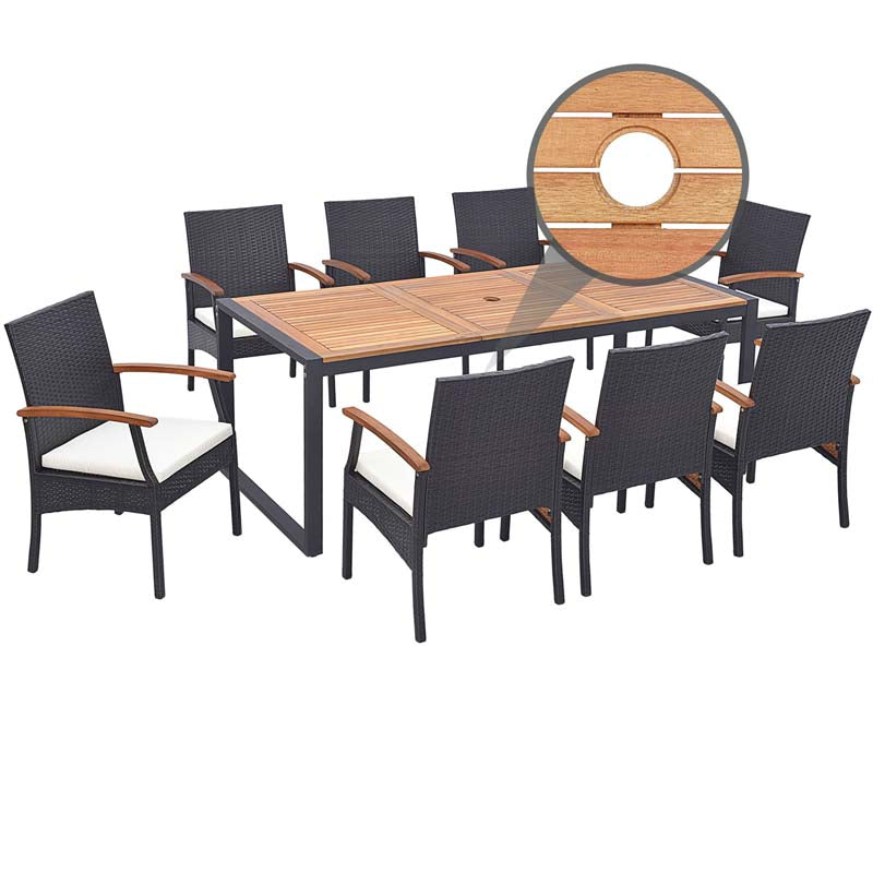 9Pcs Patio Rattan Dining Furniture Set with Acacia Wood Table, Outdoor Table Chairs Set with Cushions and 1.9" Umbrella Hole