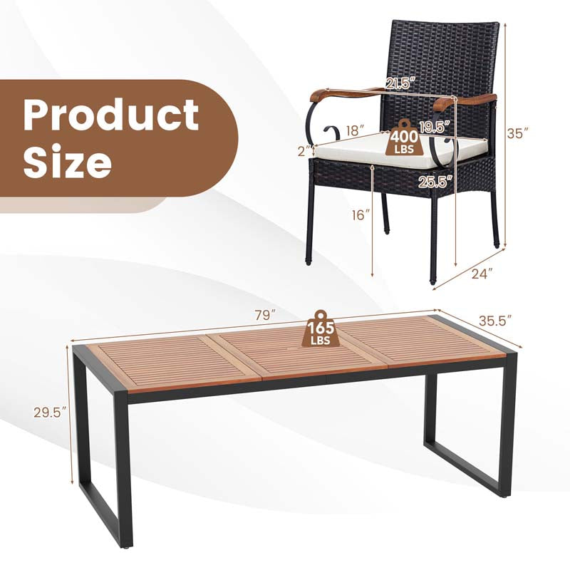 9Pcs Patio Rattan Dining Furniture Set with Acacia Wood Table, Outdoor Table Chairs Set with Cushions and 1.9" Umbrella Hole