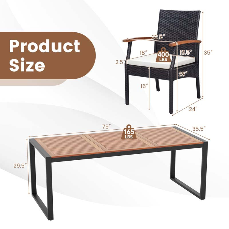 9Pcs Patio Rattan Dining Furniture Set with Acacia Wood Table, Outdoor Table Chairs Set with Cushions and 1.9" Umbrella Hole