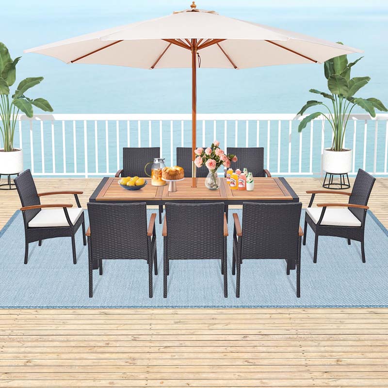 9Pcs Patio Rattan Dining Furniture Set with Acacia Wood Table, Outdoor Table Chairs Set with Cushions and 1.9" Umbrella Hole