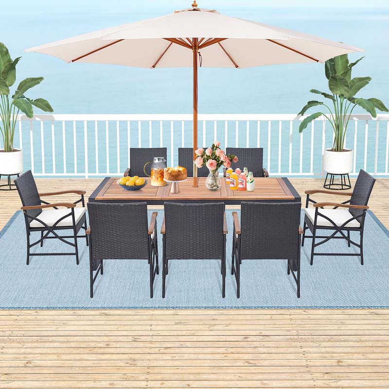 9Pcs Patio Rattan Dining Furniture Set with Acacia Wood Table, Outdoor Table Chairs Set with Cushions and 1.9" Umbrella Hole