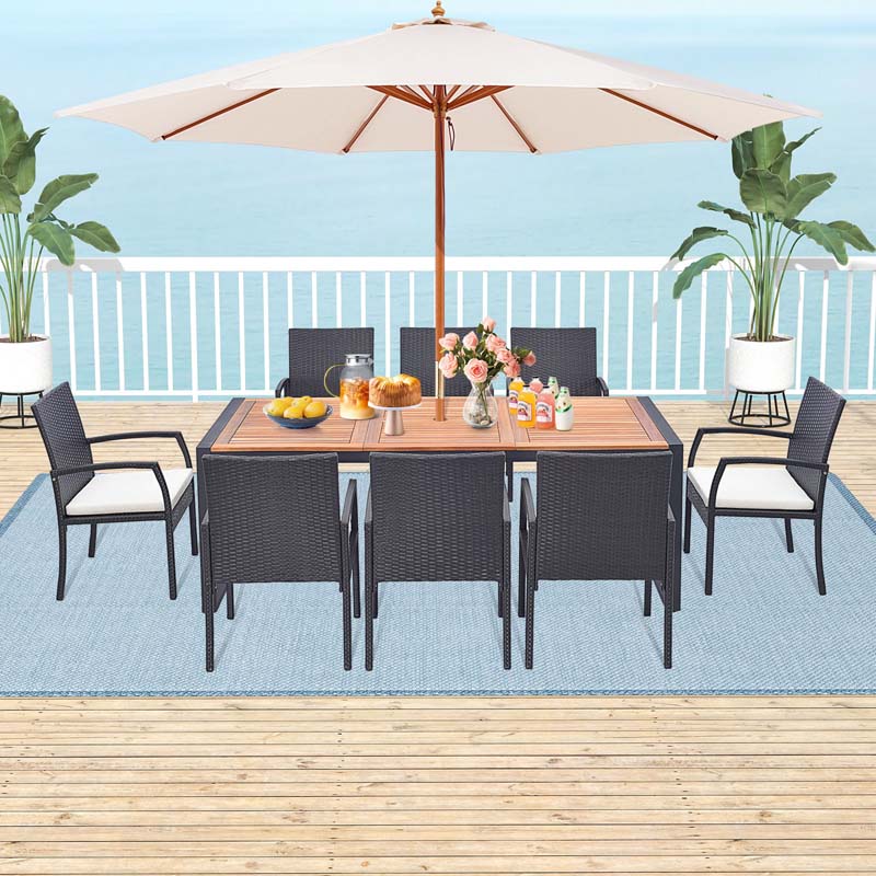 9Pcs Patio Rattan Dining Furniture Set with Acacia Wood Table, Outdoor Table Chairs Set with Cushions and 1.9" Umbrella Hole