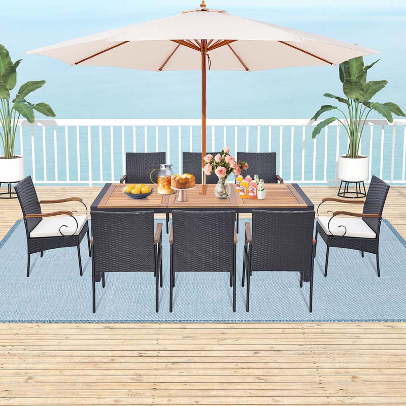 9Pcs Patio Rattan Dining Furniture Set with Acacia Wood Table, Outdoor Table Chairs Set with Cushions and 1.9" Umbrella Hole