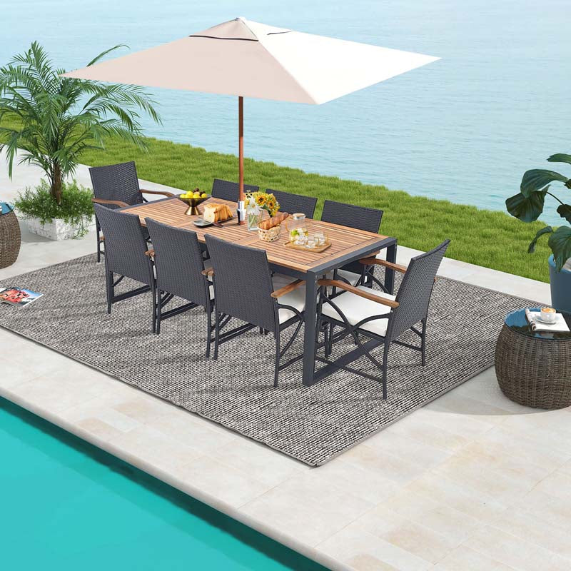 9Pcs Patio Rattan Dining Furniture Set with Acacia Wood Table, Outdoor Table Chairs Set with Cushions and 1.9" Umbrella Hole
