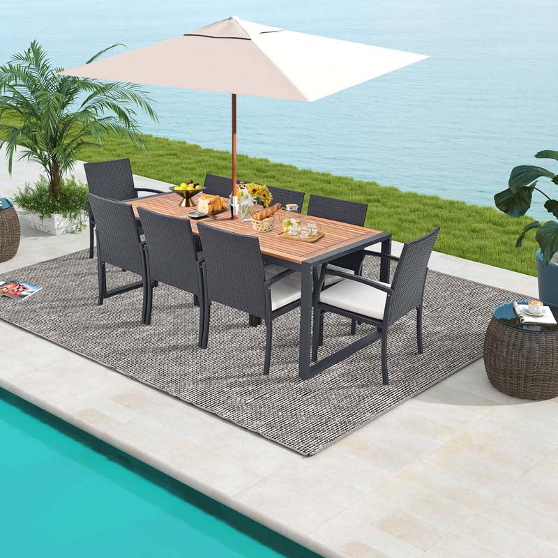 9Pcs Patio Rattan Dining Furniture Set with Acacia Wood Table, Outdoor Table Chairs Set with Cushions and 1.9" Umbrella Hole